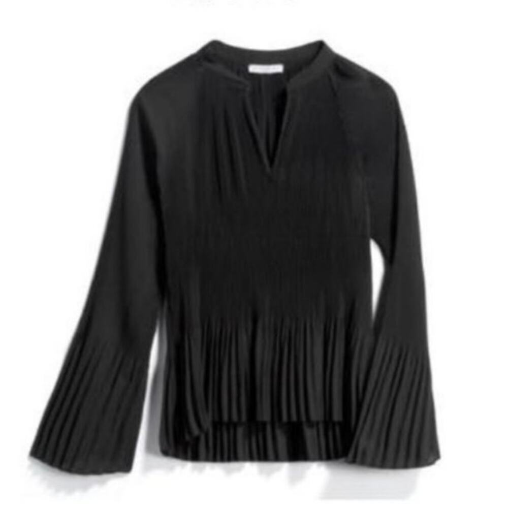 Current Air Black Ghita Pleated Babydoll Blouse Minimalist Preppy Contemporary